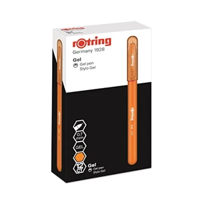 Image of rOtring Gel Rollerball Pens Medium Point 0.7mm Orange Ink Pack of 12 Smooth Quick Drying Rubber Grip