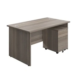 Image of 1400X800 Panel Rectangular Desk Grey Oak + 3 Drawer Ped