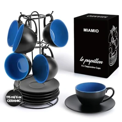 Image of MIAMIO Set of 6, Ceramic Stackable Cappuccino Cups / 175 ml Mugs and Saucer with Metal Stand for Coffee Drinks, Cappuccino, Latte, Americano Tea Le Papillon Collection (Blue)