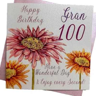 Image of white cotton cards Pink Gerbera, Happy 100 Gran Have a Wonderful Day Handmade 100th Birthday Card, White, WBA100 G