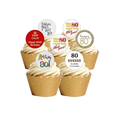 Image of 24 Precut Age 80 Eighty Eightieth 80th Birthday Edible Wafer Paper Cake Toppers Decorations