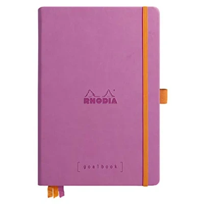Image of RHODIA 118781C Bullet Journal Goalbook Rigid Notebook Lilac A5 Dotted Dot 240 pages 90g Ivory Clairefontaine Paper 3 Ribbons, Elastic Closure Faux Leather Cover