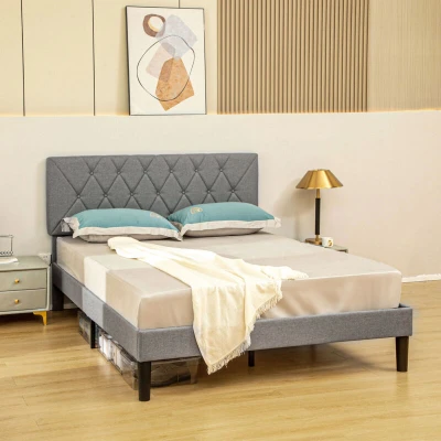 Image of HOMCOM Double Bed Frame with 5 Level Adjustable Linen Upholstered Headboard, Wooden Slats Mattress Foundation, No Box Spring Needed, Grey