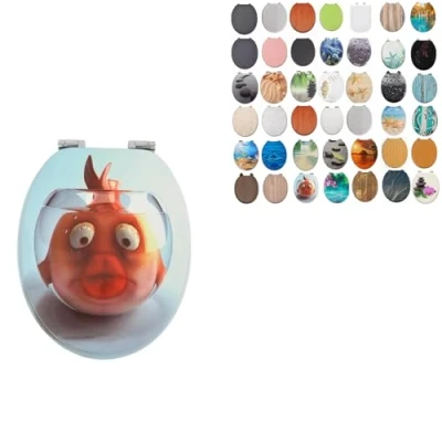 Image of 18&quot; MDF Toilet SEAT Universal Adjustable Fit Most Toilets Oval Seat┃Bathroom Standard Wooden WC +Fittings (Cartoon Fish Design)