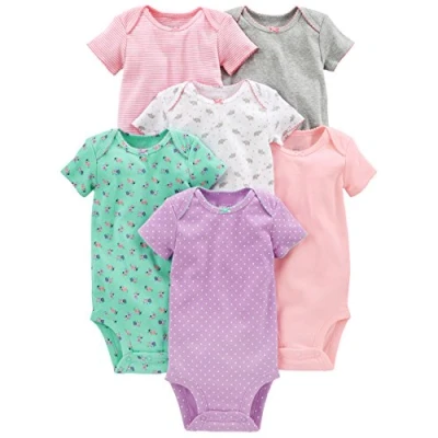 Image of Simple Joys by Carter&#039;s Baby Girl&#039;s 6 Pack Short Sleeve Bodysuit, Multicolour/Elephant/Floral/Hearts/Stripes, Premature (Pack of 6)