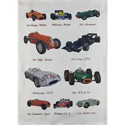 Image of Half a Donkey Hand drawn Racing Cars Large Cotton Tea Towel