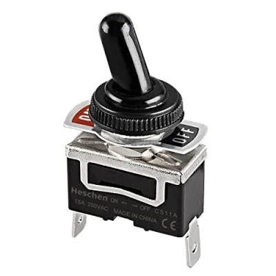 Image of Heschen Metal Toggle Switch, C511A, SPST, maintained, ON/OFF 2 position, 15A 250VAC, Tab Terminal, CE, with Waterproof Cover (1)