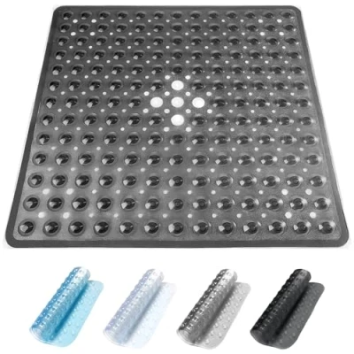 Image of ADOV Shower Mat, Non Slip Square Bath Mat Antibacterial Rubber 53 x 53cm/ 100 40cm, Anti Mould Safety Bathroom with Suction Cups Griping, Drain Holes (Black, 53x53 cm)