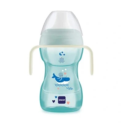 Image of MAM Fun to Drink Cup &amp; Glow Handles, Baby Bottle with Spill Free Sippy Cup, Transition for Babies and Toddlers, Blue