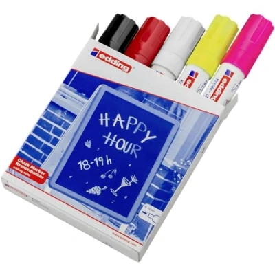 Image of edding 4090 chalk marker multi coloured (basic) 5 pens chisel nib 4 15 mm wet wipe pen for chalkboards, windows, glass, mirrors liquid opaque coverage