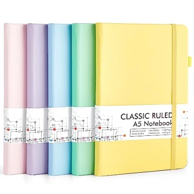 Image of feela 5 Pack A5 Notebooks Multipack, Ruled Lined Notepads (120 GSM), Hardback Journal Notebook with Black Gel Pens for Work, Study, School, 128 Pages/Pack, 21 x 13 cm, Mild Colours
