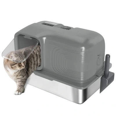 Image of PawHut Stainless Steel Litter Tray with Plasma Deodoriser System, 65L Extra Large Enclosed Box Lid High Sided Wall for Larger Cats, Easy to Clean &amp; Odour Resistant, Scoop, Grey