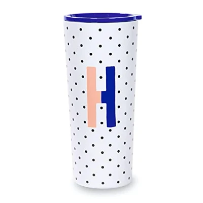 Image of Kate Spade New York Insulated Stainless Steel Initial Tumbler, 24 Ounce Double Wall Travel Cup with Lid, H (Blue)