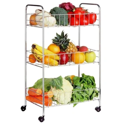 Image of Premier Housewares 3 Tier Trolley On Wheels, Kitchen Storage Trolleys, Chrome, 36x25x64cm Silver