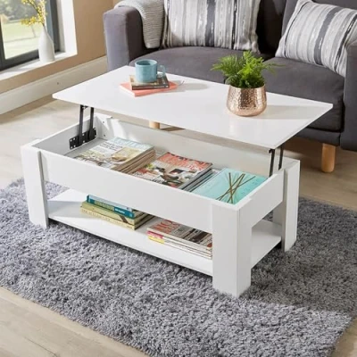 Image of Home Source Orlando Coffee Table with Lift Up Top Storage Area and Magazine Shelf, White