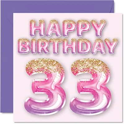 Image of 33rd Birthday Card for Women Pink &amp; Purple Glitter Balloons Happy Cards 33 Year Old Woman Friend Sister Mum Auntie, 145mm x Thirty Three Third Bday Greeting Gift