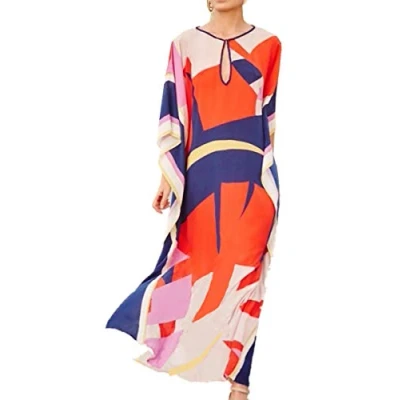 Image of YouKD Summer Cotton Print Floral Loose Caftan Boho Beach Bikini Cover Up Dress Plus Size Robe for Women Orange Blue