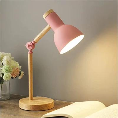 Image of Bedside Table Lamp, Modern Wood Desk Lamp with Metal Shade Adjustable Nightstand for Office, Study Room, Bedroom, Living Kids Side Table, Reading Desk, ON/Off Switch,Pink