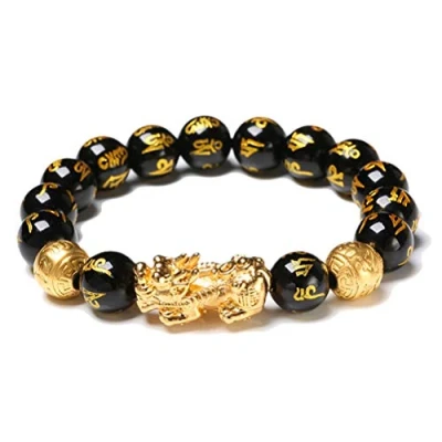 Image of Tianbi Black Obsidian Wealth Bracelet, Feng Shui Bead Bracelet Chinese Pi Xiu with Hand Carved Amulet for Good Luck