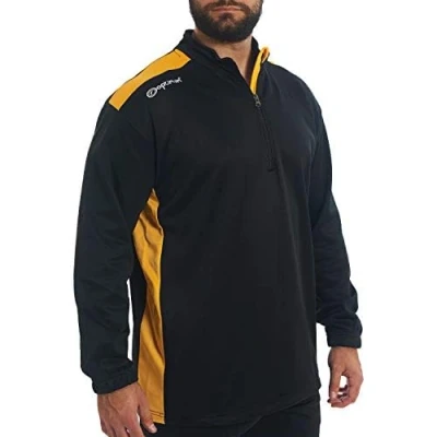Image of Optimum Tempo Sports Quarter Zip Mid Layer Sweater Jumper Long Sleeve 240GSM Thermal Polyester, Lightweight, Durable, Multi Sport, Gym, Training &amp; Leisurewear, Black/Amber, XL