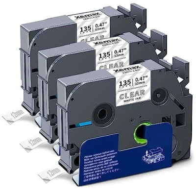 Image of 3X XemaX Label Tape Compatible for Brother Printer 12mm TZe 135 White on Transparent P Touch Maker PT E110 H100R H100C H105 H110 E550W 1010 H108
