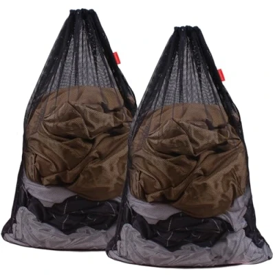 Image of DuomiW Mesh Laundry Bag Heavy Duty Drawstring Bag, Factories, College, Dorm, Travel and Apartment Dwellers, 24 x 36 Inches, 2 Pack, Black