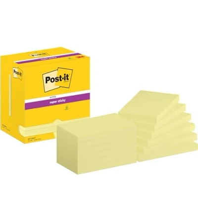 Image of Post it Super Sticky Notes Canary Yellow, Pack of 12 Pads, 90 Sheets per Pad, 76 mm x 127 Extra For Note Taking, To Do Lists &amp; Reminders