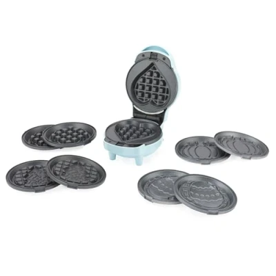 Image of Giles &amp; Posner EK6220GSBL Mini Waffle Maker 5 in 1 Non Stick Removable Cooking Plates for Celebrations, Christmas, Valentines, Halloween, Easter Waffles, Cool Touch, Easy Clean, Snack Maker, Blue