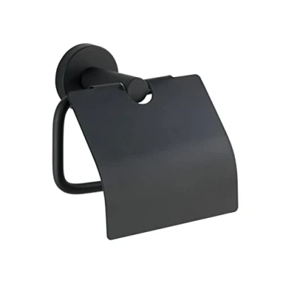 Image of WENKO Toilet Roll Holder Stainless Steel Bosio Black Matt with Lid Rustproof 15 x 13.5 7 cm
