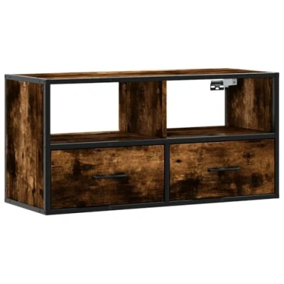 Image of vidaXL TV Cabinet Stand/Media Unit Smoked Oak Wood &amp; Metal, Wall Mountable, Industrial Storage Solution Perfect for Living Rooms and Offices