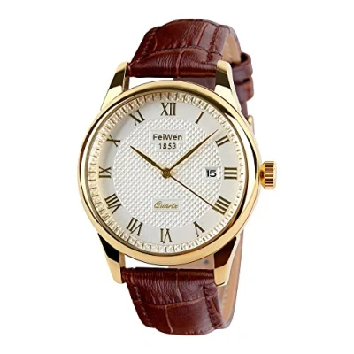 Image of FeiWen Unisex Fashion Stainless Steel Analog Quartz Watch for Women and Men Roman Numerals Calendar Business Dress Casual Wrist Watches with Leather Band, Gold