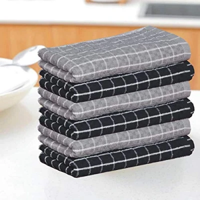 Image of beSunshine 1x to 12x Pack 100% Egyptian Cotton Jumbo Country Check Terry Tea Towels Kitchen Dish Towel (Black Grey, 1)
