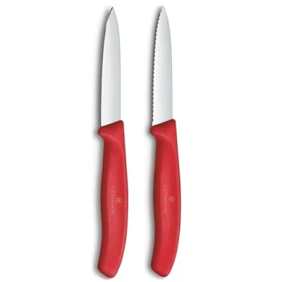 Image of Victorinox Swiss Classic Red 8cm Serrated/Straight 2 Piece Pointed Tip Paring Knife Box Set