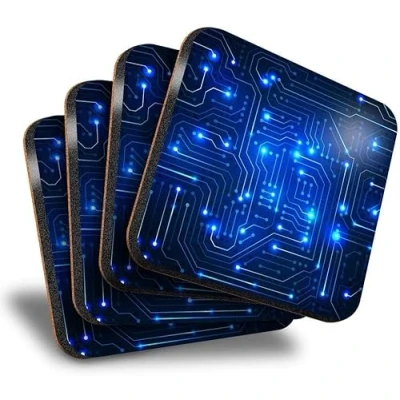 Image of Sawfish® Coasters (Set of 4) Square Blue Circuit Board Tech Geek Computer Drink Glossy Coasters/Tabletop Protection for Any Table Type