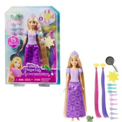 Image of Mattel Disney Princess Fairy Tale Hair Rapunzel Doll, Colour Changing Extensions with Hairstyling Pieces and Doll Accessories, Includes Pascal, Toys for Ages 3 Up, One HLW18