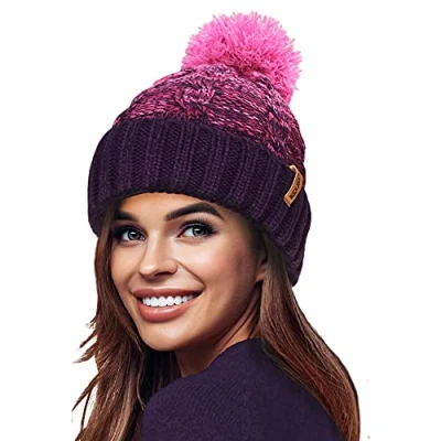 Image of RockJock STORMACTIVE 100% Waterproof Ladies Unisex Chunky Ombre Warm Winter Teddy Fleece Lined Knitted Pompom Beanie Hat Purple/Pink