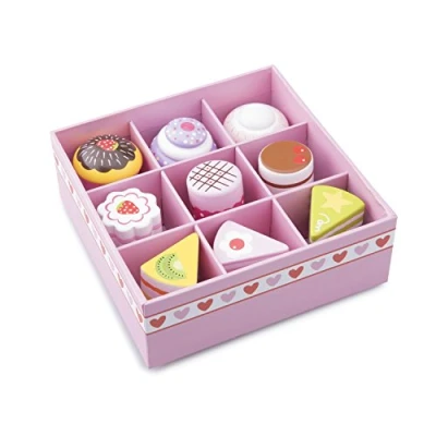 Image of New Classic Toys 10626 Wooden Pastry Assortment in Gift Box Pretend Play Kids Cooking Simulation Educational Perception Toy for Preschool Age Toddlers Boys Girls, Multi Color, Cakes 9 Pieces