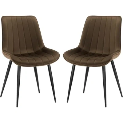 Image of LONGTOO Set of 2 Dining Chairs with Velvet Upholstered Seat &amp; Backrest,Stable Metal Legs,Modern Stripe Design,Brown