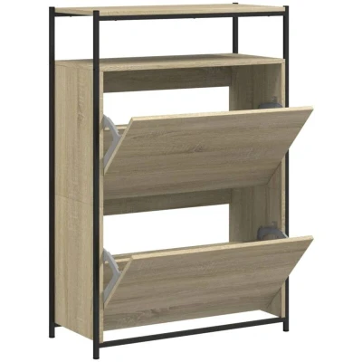 Image of vidaXL Shoe Cabinet in Sonoma Oak Slim Engineered Wood Storage with Flip Drawers/Shelf, Ideal for Entryway/Hallway, 75x34x112 cm