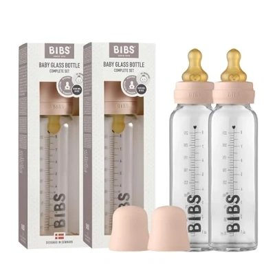 Image of BIBS Baby Glass Bottle 2 Pack 225ml. Anti Colic. Vented Round Natural Rubber Latex Nipple. Supports Breastfeeding, Complete Set 225 ml (Pack of 2), Blush