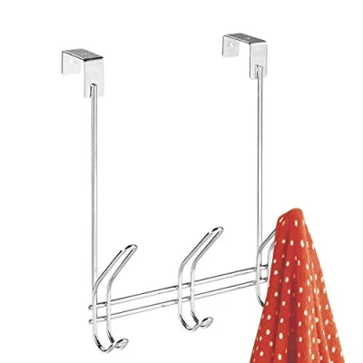 Image of iDesign 43912 Classico Door Wardrobe with 3 Double Hooks, Over Coat Rack for Jackets, Hats, Scarves or Towels, Made of Metal, Chrome, 5&quot; x 8.2&quot; 12.5&quot;