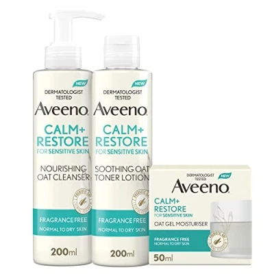 Image of Aveeno Face Calm+Restore 3 Step Care Bundle, Gentle Skincare Bundle with Nourishing Oat Cleanser, Soothing Toning Lotion, Gel Moisturiser, For Sensitive Skin