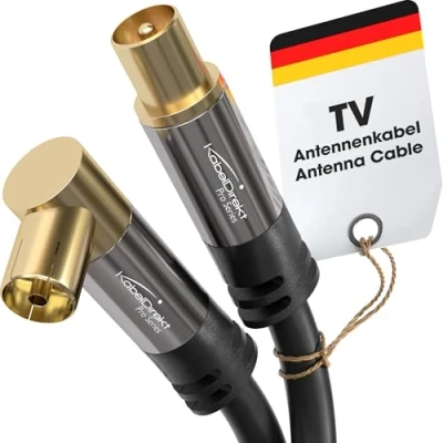 Image of CableDirect 4K aerial cable, TV cable 90 angled/straight connector with break proof metal plugs for digital &amp; analogue 2m (angled female to straight male DVB C, T, S)