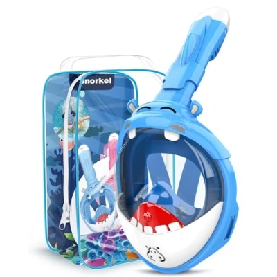 Image of Dancial Snorkel Mask for Kids, 180 Panoramic View Full Face Diving Free Breathing Snorkeling Mask, Safe, Anti Fog, Leak Set, Dry Top Swimming Gift Kids 4 12 Blue