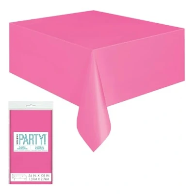 Image of Solid Hot Pink Short Fold Rectangular Plastic Table Cover (137cm x 274cm) 1 Count Elegant &amp; Durable Tablecloth for Parties, Events, and Home Use