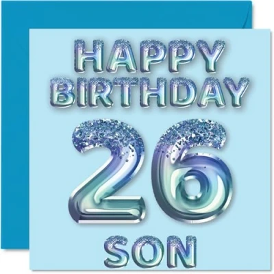 Image of 26th Birthday Card for Son Blue Glitter Party Balloons Happy Cards 26 Year Old from Mum Dad Parents, 145mm x Bday Greeting Gift