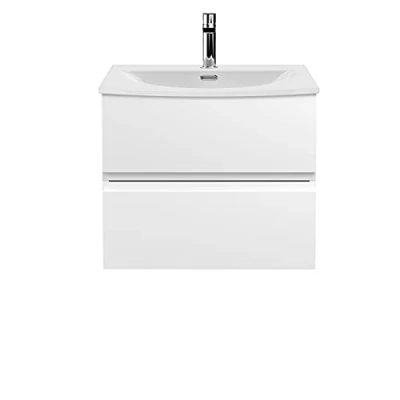 Image of Hudson Reed URB104G Urban Modern Bathroom Wall Hung 2 Soft Close Drawers Vanity Unit with Round Ceramic Basin 30mm Profile, 600mm, Satin White