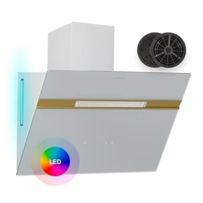 Image of Klarstein Alina Wall Cooker Hood 60cm Mounted Extractor, 600 m3/h Air Flow, Touch Control, A Energy Efficiency, 9 Colour LED Ambient Lighting, Quiet 52 dB, White Gold, Recirculating Option