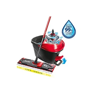 Image of Vileda Ultramax XL Turbo 2 in 1 floor mop complete set, extra wide with handle, microfiber cover and bucket power spinner, for all hard floors, wiper plate 42 cm, handle length 75 130 cm