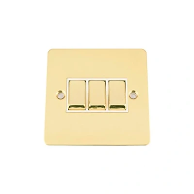 Image of A5 Light Switch Triple 3 Gang Polished Mirror Brass Flat White Insert Metal Rocker 10 Amp 2 Way